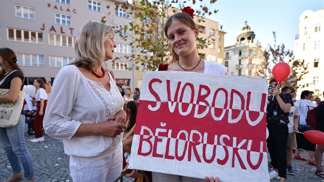 Lid v Brn demonstruj proti policejnm zsahm v Blorusku. (16. srpna 2020)