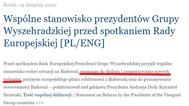 Polsk koment k prohlen o Blorusku. V podtren sti textu je: "...vzva k dialogu a uspodn novch voleb..."  (19. srpna 2020)