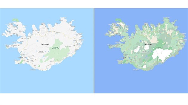 Porovnání původní (vlevo) a nové grafiky Google Maps