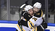 Ondej Kae (vlevo) a Jake DeBrusk bouliv slaví gól Bostonu.