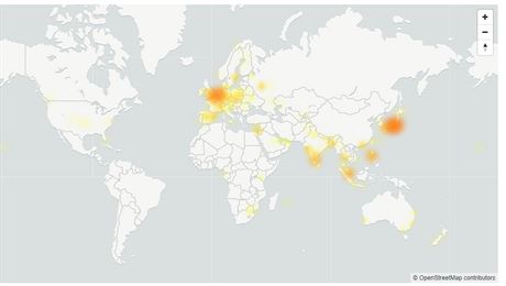 Mapa výpadk Googlu podle hláení na webu DownDetector.