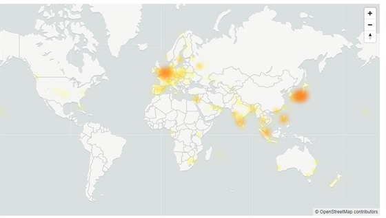 Mapa výpadků Googlu podle hlášení na webu DownDetector.