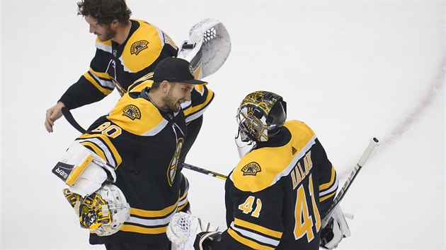 esk brank Dan Vlada gratuluje Jaroslavu Halkovi k vtzstv Boston Bruins v prvn srii play off NHL.