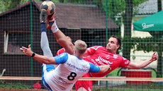 Momentka z utkání mezi nohejbalisty SK Liapor Witte Karlovy Vary (v červeném) a...