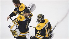 eský branká Dan Vlada gratuluje Jaroslavu Halákovi k vítzství Boston Bruins...
