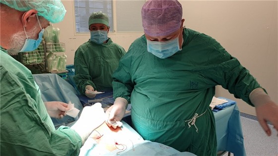 Lékai Jan Procházka a Petr Vachata pi práci na operaním sále.