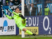 Libereck� brank�� Filip Nguyen inkasuje z pokutov�ho kopu v utk�n� s Plzn�.