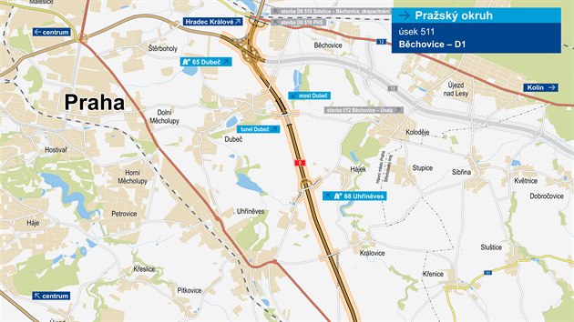 Plánovaný úsek 511 Pražského okruhu má spojit pražské Běchovice s dálnicí D1.