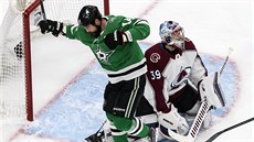 Jamie Benn z Dallasu peková brankáe Pavla Francouze z Colorada.