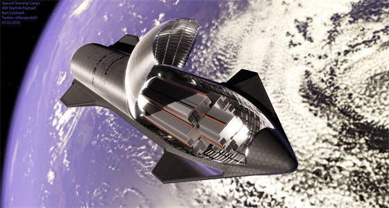Neoficiální render kosmické lodi Starship se 400 satelity Starlink pipravenými...
