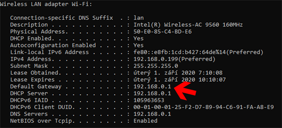 Adresu administrace zjistte pkazem ipconfig /all v pkazovm dce. 