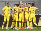 Fotbalisté Ukrajiny se radují z gólu v utkání Ligy národ.