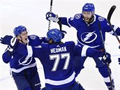 Ondej Palt, Victor Hedman, Patrick Maroon a Alex Killorn (zleva) oslavuj...