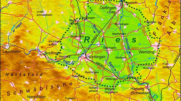 Fyzickozempisn mapa okol Nrdlingenu. Zelen tekovan linie vymezuje obvod krteru Ries.