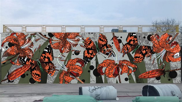 V návrhu na velkoformátovou malbu se nachází stylizovaní motýli druhu Vanessa Cardui (babočka bodláková) a lilie tygří, které mají velmi podobnou vizualitu.Téma vychází z tajemné estetiky mikrosvěta, mimikrových principů a vizuálních znaků rostlin a okřídleného hmyzu. Skica je inspirovaná dobovými knižními vědeckými ilustracemi, především prací artdecového umělce Eugene Séguye.