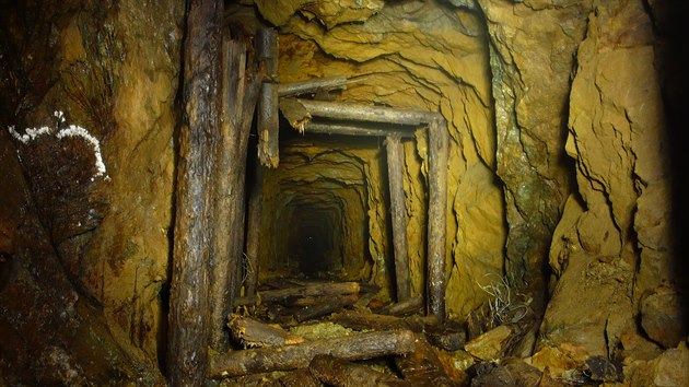 Důlní štola pod horou Medvědín u Špindlerova Mlýna.
