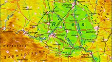 Fyzickozempisná mapa okolí Nördlingenu. Zelená tekovaná linie vymezuje obvod...