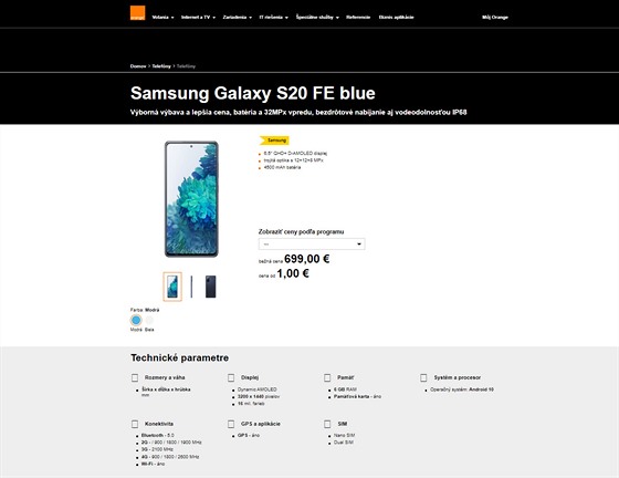 Samsung S20 FE na webu slovenského operátora Orange