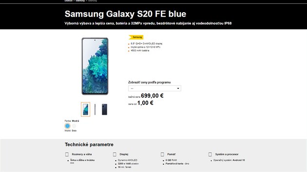 Samsung S20 FE na webu slovenskho opertora Orange