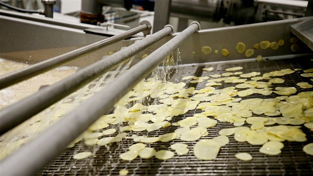 Ve Str�nici dnes za den zpracuj� zhruba pades�t tun brambor. Hromada postupuje p�es �kr�b�n� na myt� a n�sledn� na sma�en�.