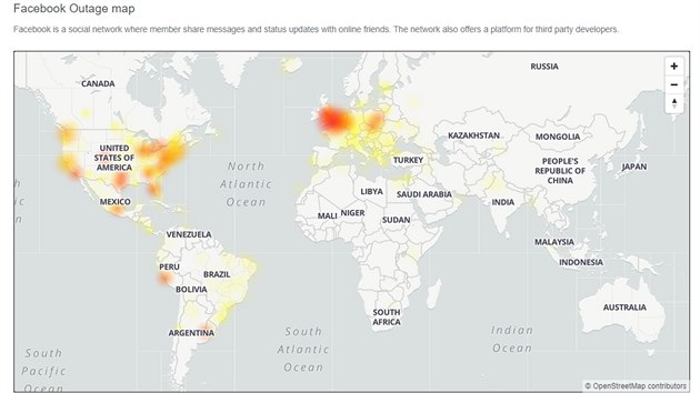 Mapa s hlenm problm s pstupem na Facebook ze serveru Downdetector.com.