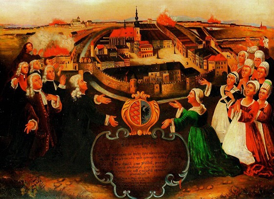 Požár Prostějova v roce 1697. Olej na plechu, nesignováno