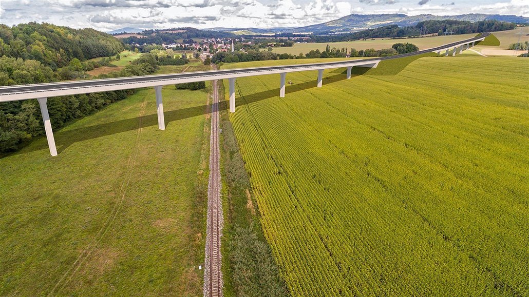 Vizualizace přemostění železnicní trati u Rovenska pod Troskami. Vrch vpravo je...