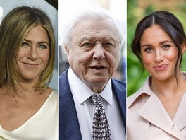 Jennifer Anistonová, David Attenborough, vévodkyn Meghan a princ Harry