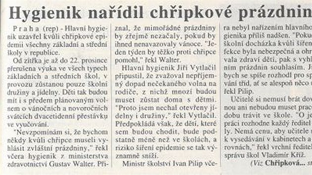 Takto MF DNES v roce 1995 informovala o epidemii ch�ipky.
