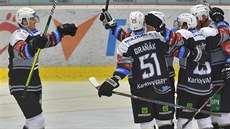 Hokejisté Karlových Varů se radují ze vstřelené branky proti Třinci.