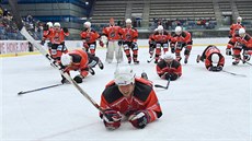 Chomutovští hokejisté slaví výhru v krajské lize.