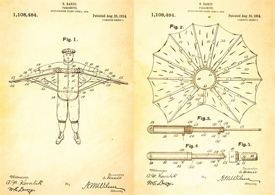 Kresba na patentu na padák tefana Banie (1914)