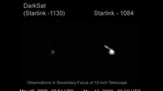 Srovnání viditelnosti druice DarkSat a normální druice Starlink.