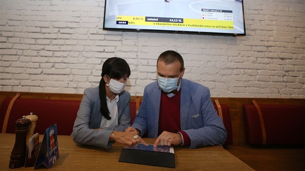 Ilona Mauritzová a Martin Baxa z ODS sledují volební zpravodajství v plzeňské restauraci. (3. 10. 2020)