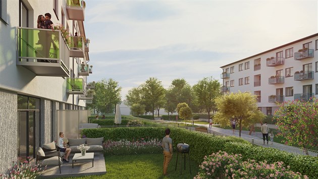 Vizualizace moderního bytového komplexu s parkem