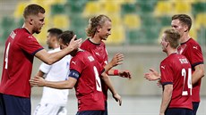 Radost eských fotbalist ze vstelené branky v pípravném utkání na Kypru.