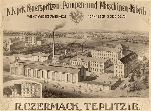 Czermackova továrna v Teplicích po roce 1900. V továrn se vyrábly hasiské...