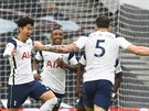 Fotbalisté Tottenhamu slaví rychlou branku v zápase anglické ligy s West Hamem.