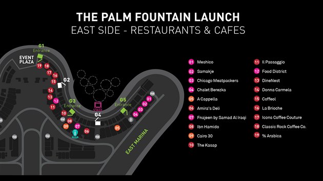Plán recepce při slavnostním otevření Palmové fontány v Dubaji