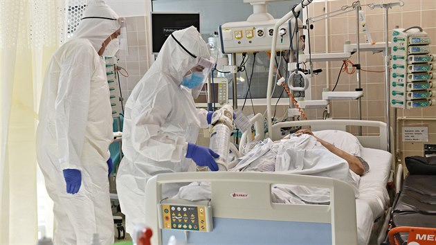 Zdravotníci z Fakultní nemocnice Brno převáží pacienta s onemocněním covid-19 připojeného na plicní ventilaci. (26. ledna 2021)