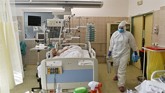 Zdravotníci na Klinice infekčních chorob Fakultní nemocnice Brno pečují o pacienta s covidem-19. (26. ledna 2021)