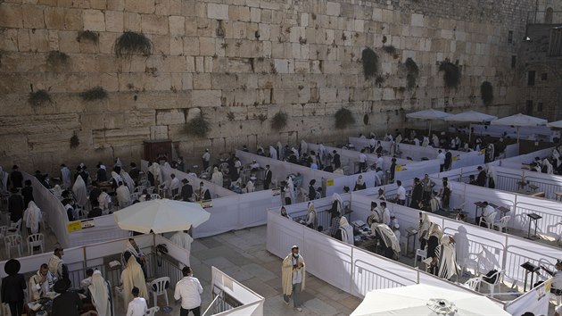 Ultraortodoxn id se modl v rozdlench sekcch, kter umouj maximln dvacet vcch, u Zpadn zdi v Jeruzalm, nejposvtnjho msta, kde se mohou id modlit. (18. jna 2020)