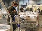 Vojáci chystají lka v pipravované polní nemocnici v praských Letanech pro...