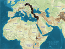 Mapa cesty orlice Kristny do Etiopie. V Libanonu se jej signl ztratil, znovu...