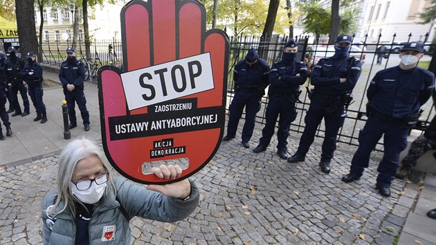 Lid protestuj proti zpsnn pravidel tkajcch se potrat ped budovou stavnho soudu ve Varav. (22. jna 2020)