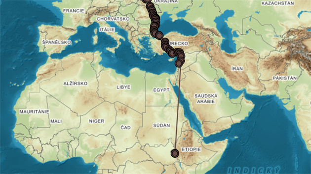 Mapa cesty orlice Kristny do Etiopie. V Libanonu se jej signl ztratil, znovu se objevil po 16 dnech a v Etiopii.