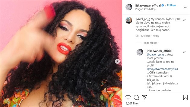 Jitka vanarov se na Instagramu omluvila za pouit slova nigga v textu herekou imitovan psn raperky Cardi B v show Tvoje tv m znm hlas (18. jna 2020)