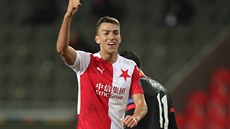Slávistický úto�ník Petar Musa jásá v utkání Evropské ligy proti Leverkusenu.