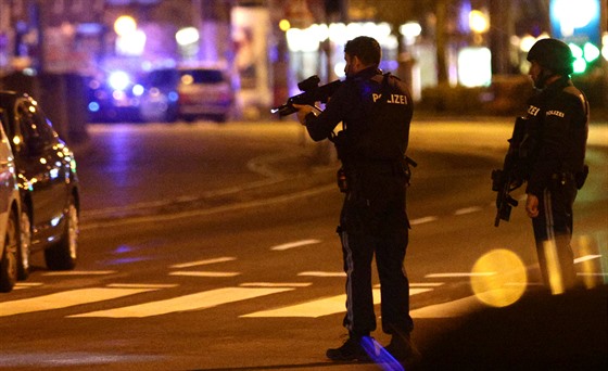 Rakoutí policisté hlídají okolí námstí Schwedenplatz, kde dolo v pondlí...