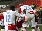 Slávistití fotbalisté se radují ze tetího gólu v utkání s Nice, podruhé se v...